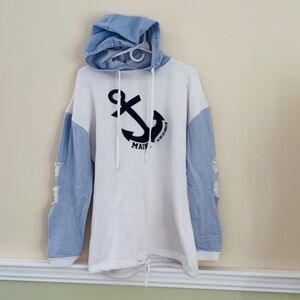 MAINE Anchor Graphic White & Denim Fleece Hoodie XL